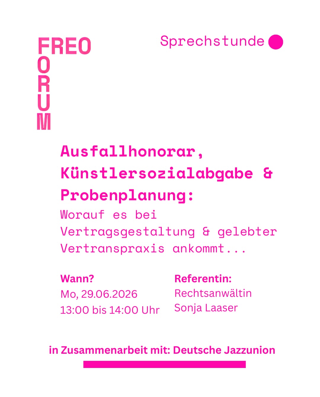 Nicht alles, was rechtlich relevant ist, steht am Ende nur im Vertrag. Entscheidend ist oft auch, wie Zusammenarbeit tatsächlich organisiert und gelebt wird.

Mit der Sprechstunden-Reihe mit Sonja Laaser geben wir selbstständigen Musiker:innen sowie freien Ensembles und Orchestern die Möglichkeit, genau solche Fragen einzubringen.

🗓️ Start: 29.06.2026 - in Zusammenarbeit mit @deutschejazzunion 
💻 online
🎟️ kostenfrei
🔗 Anmeldung: Link in Bio

#FreieEnsemblesUndOrchester #Musiker:innen #Vertragsgestaltung #FreieMusikszene #Sprechstunde